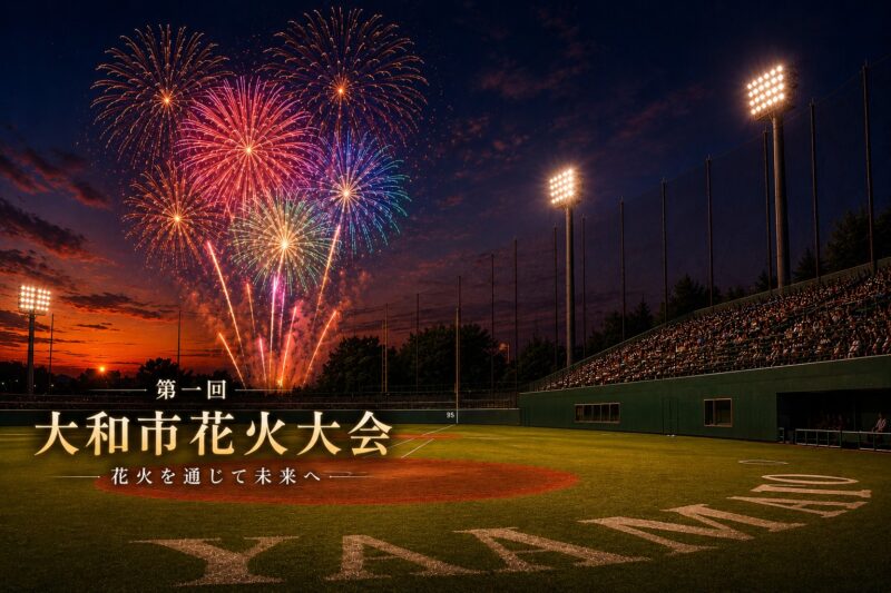 第1回大和市花火大会の告知ビジュアル。スタジアムと夜空に広がる花火のイメージ