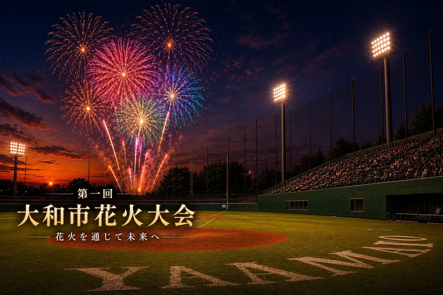 第1回大和市花火大会の告知ビジュアル。スタジアムと夜空に広がる花火のイメージ
